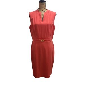 Chelsea Ross Coral Sleeveless Sheath Dress Gold Buckle Midi Women's Size 14